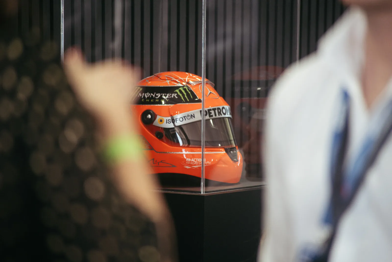 A Mercedes race helmet displayed inside the suite